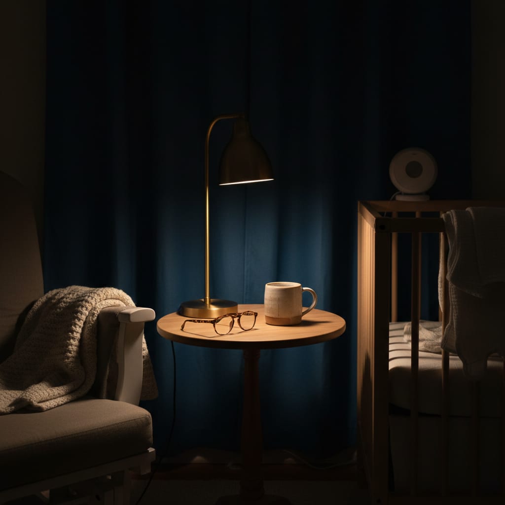 Margot Finch's night desk: a warm lamp, notebook and mug beside a glider chair in a darkened nursery